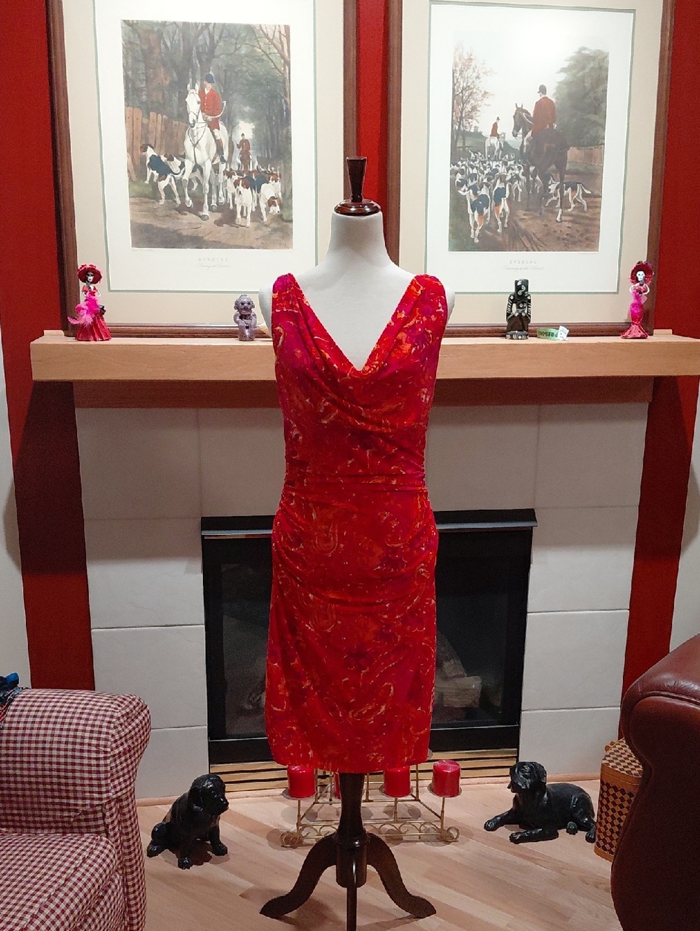 NWT Lauren By Ralph Lauren Red Orange Flower Dress Ruching Cowl Neck US Sz 10